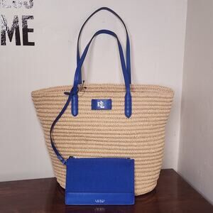 Ralph Lauren Blue Leather Trim Brie Straw Tote Bag NWT